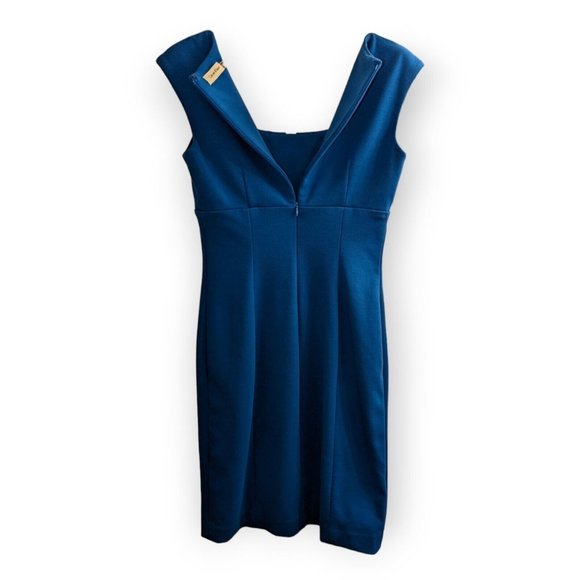 Calvin Klein Size 4 Blue Cap Sleeve Stylish Pleat Neck Dress Women Modern Cut - Picture 3 of 4
